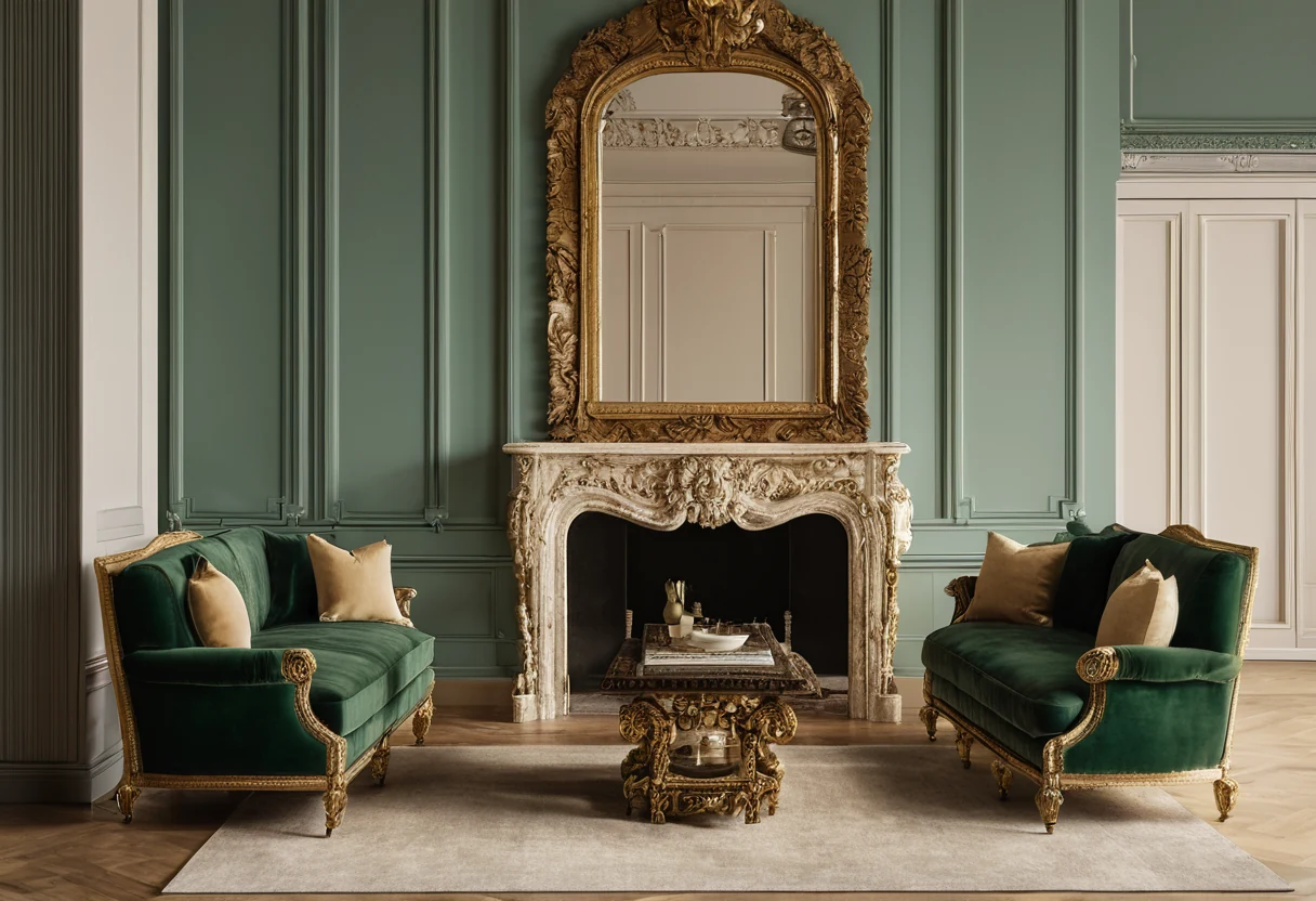 Living room mixing a carved gilded classic armchair and mirror with a clean-lined contemporary sofa and minimal tables