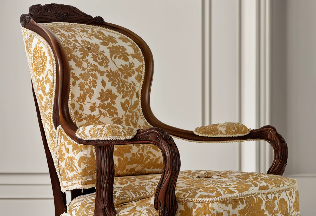 Classic carved bergère armchair with raked back, down cushion and silk upholstery in warm light