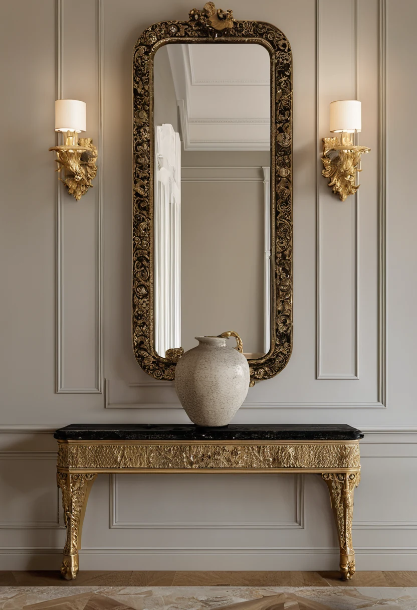 Ornate gilded classical mirror hung above a minimal honed stone console with a sculptural modern vase