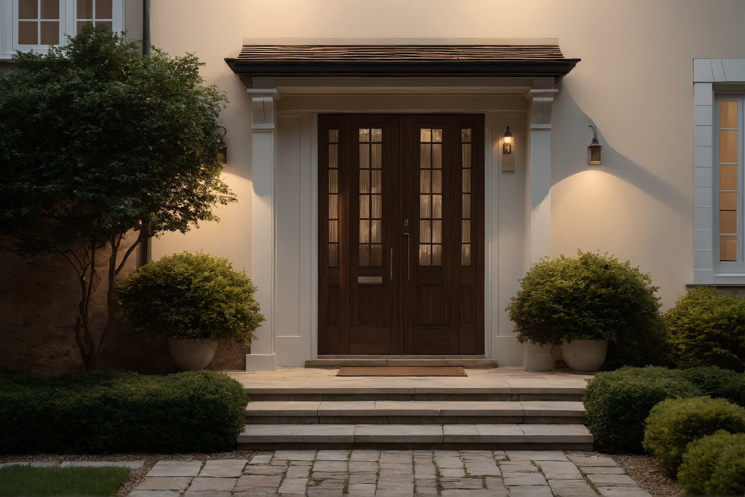 Front door under a deep canopy with a draining stone landing and path lighting