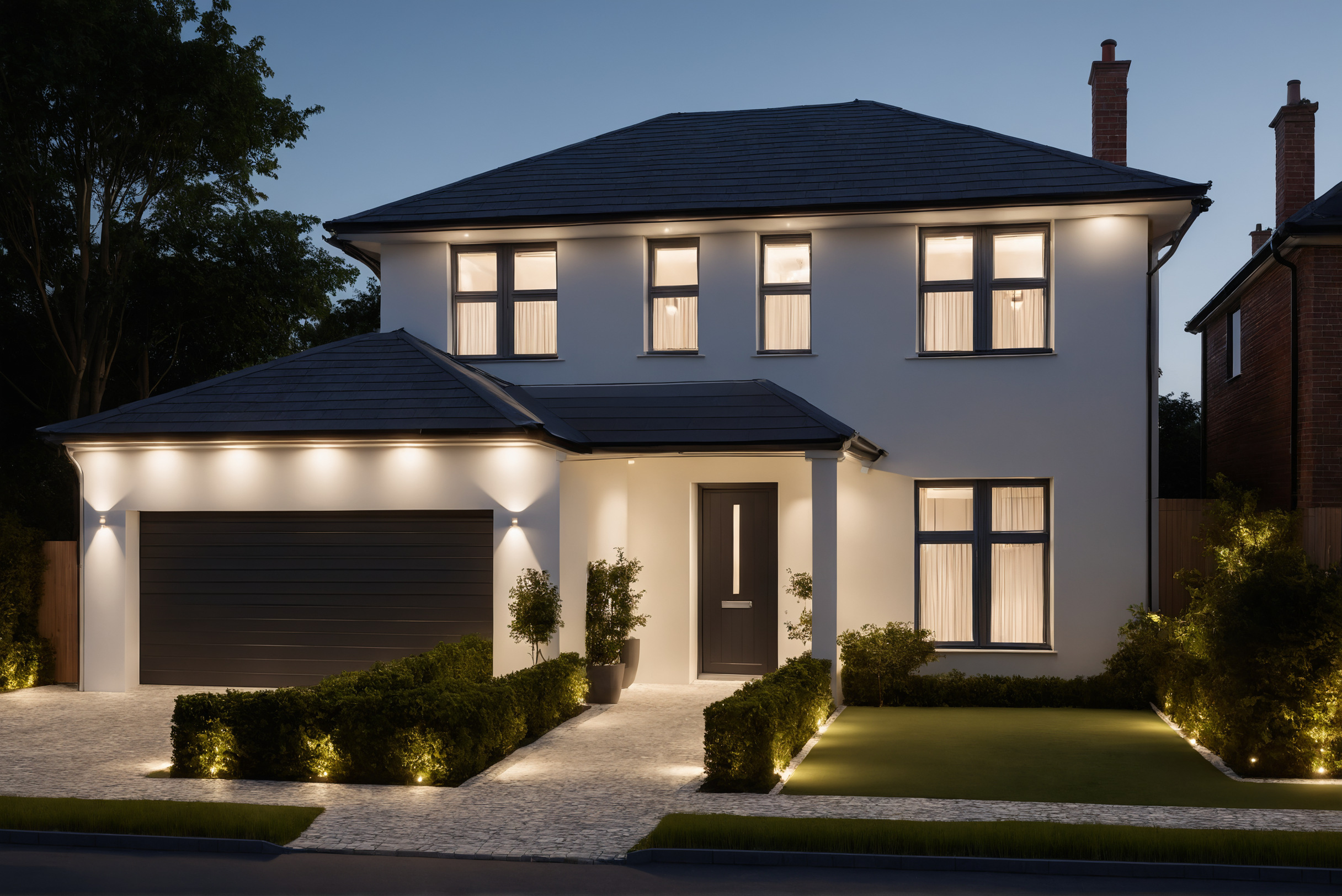 Renovated house facade at dusk with fresh render, entrance canopy and warm lighting