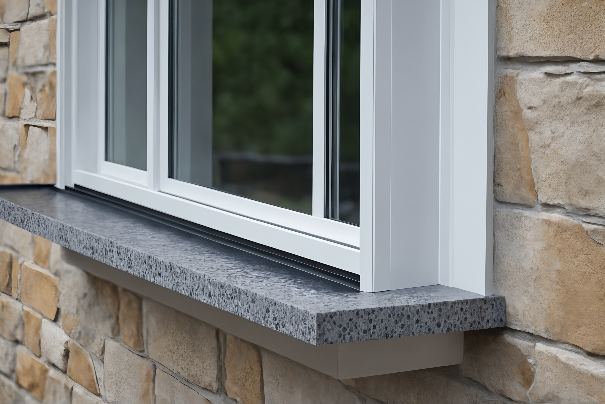 Window frame over a stone sill with a projecting drip edge on a stone-clad wall