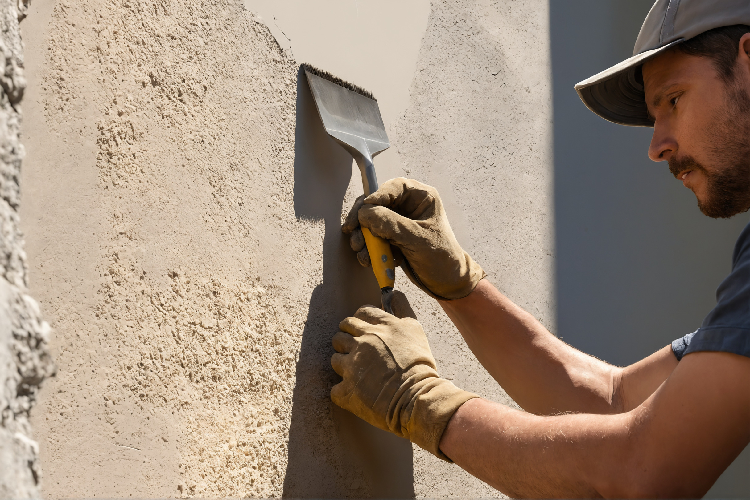 Plasterer applying fresh render to an exterior wall with a trowel
